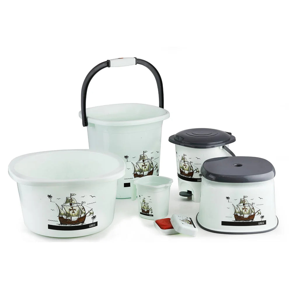 8701 Plastic Bathroom Accessories Set 6 Pcs Bath Set Bathroom Bucket With Dustbin Mug Stool Soap Casetub