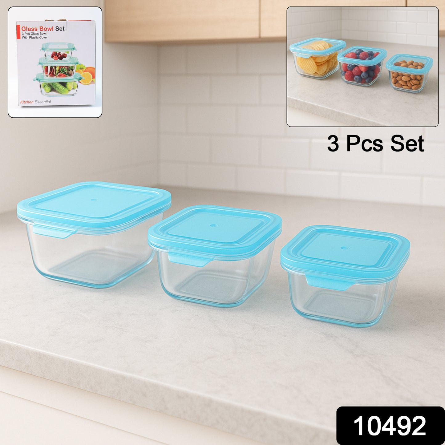Premium Quality 3-piece Square Glass Food Storage Container Bowl Set