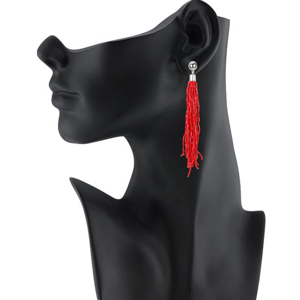 Women's Alloy, Beads Hook Dangler Hanging Earrings-Red