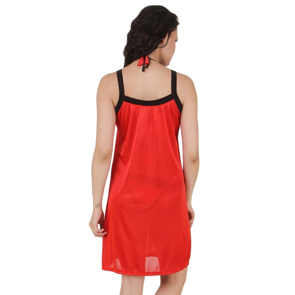Women's Satin Short Nighty with Sleeve Less(Color: Red, Neck Type: Square Neck)
