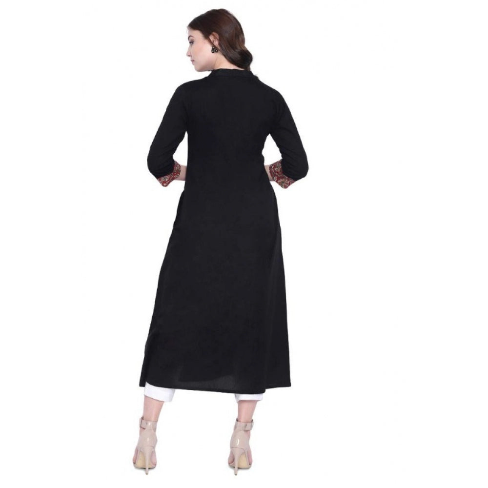 Generic Women's Khadi Printed A Line Kurti (Black, Khadi)