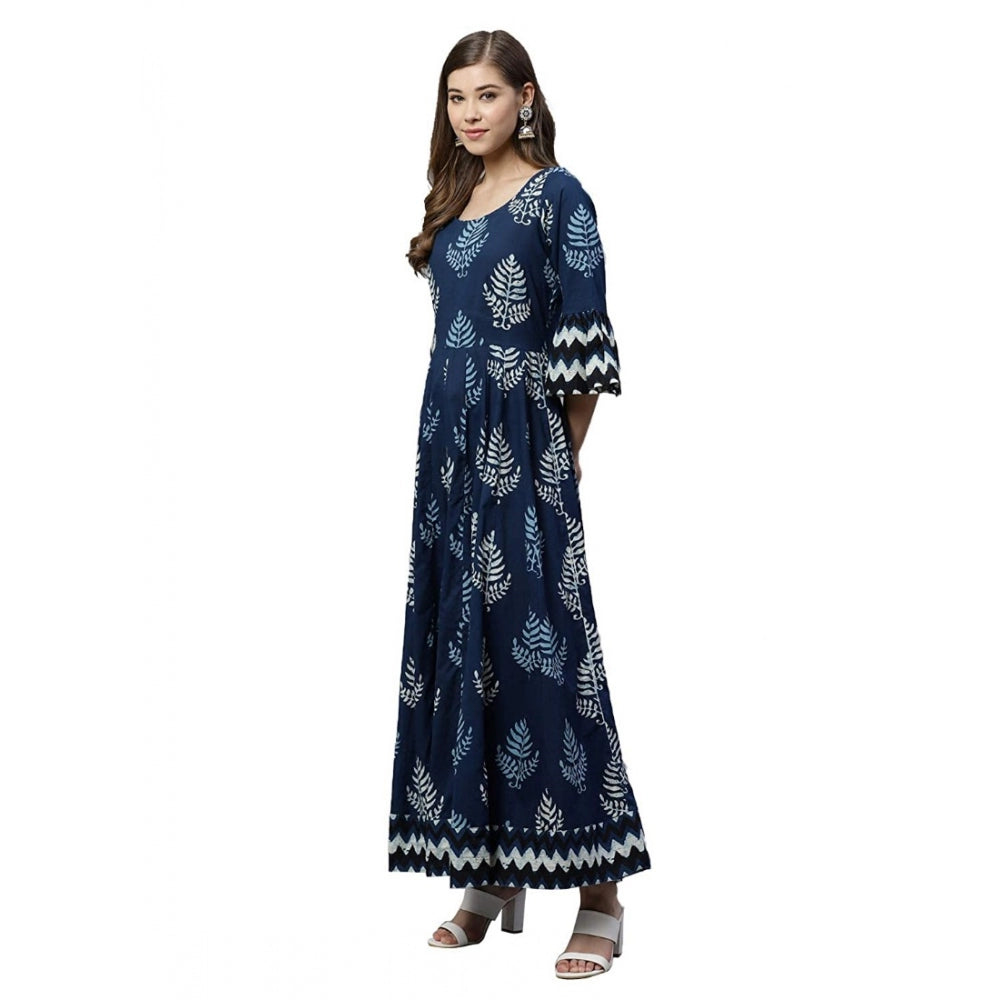 Generic Women's Cotton Printed Regular Kurti (Blue, Cotton )
