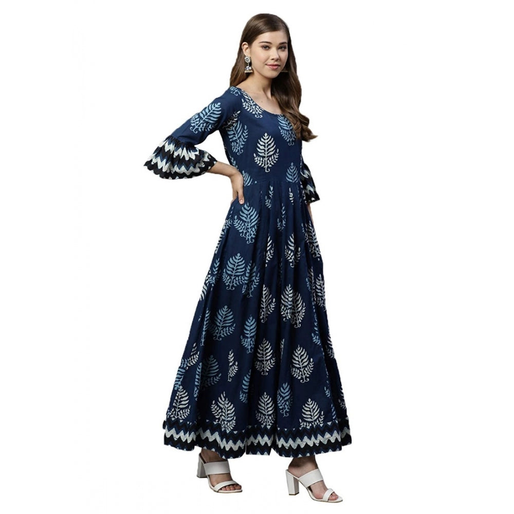 Generic Women's Cotton Printed Regular Kurti (Blue, Cotton )