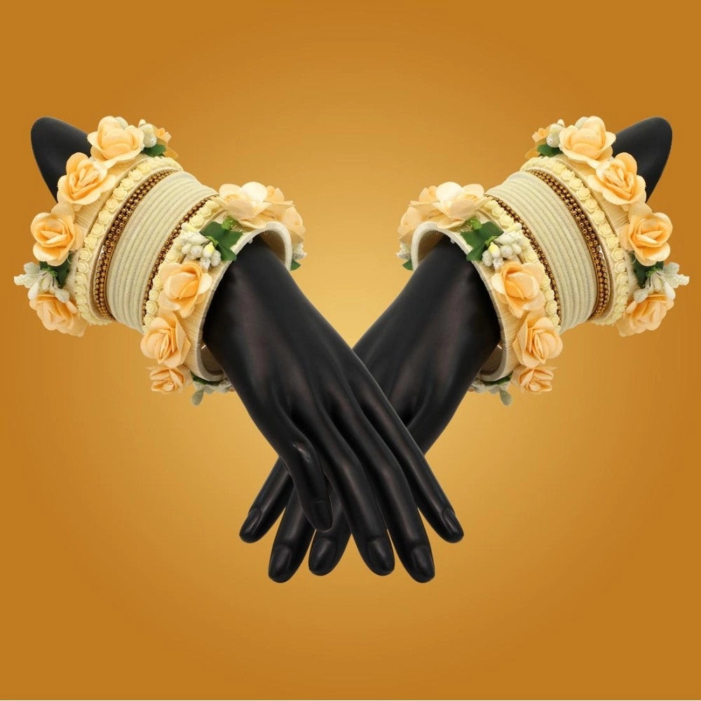Women's Off White Color Floral Bangles Set: 2.4