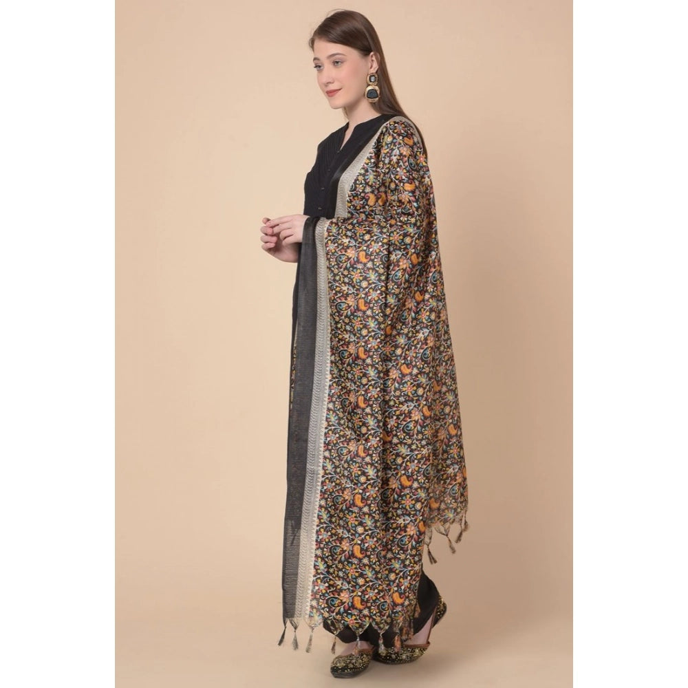 Generic Women's Art Silk Printed Dupatta (Black, Length: 2.25 to 2.50 Mtr)