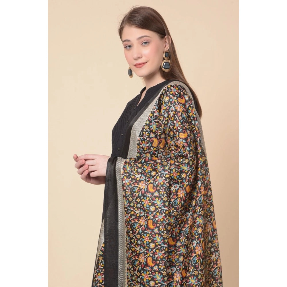 Generic Women's Art Silk Printed Dupatta (Black, Length: 2.25 to 2.50 Mtr)