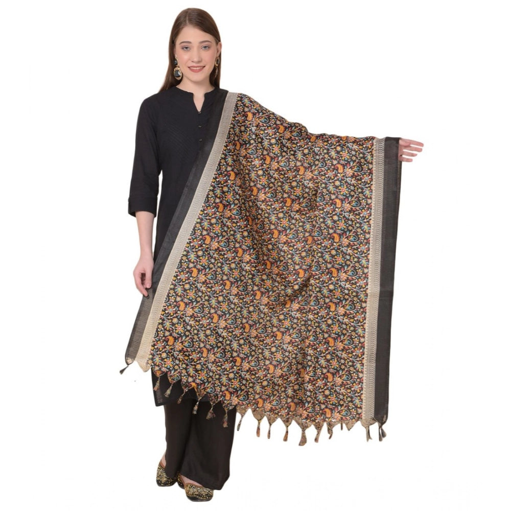 Generic Women's Art Silk Printed Dupatta (Black, Length: 2.25 to 2.50 Mtr)