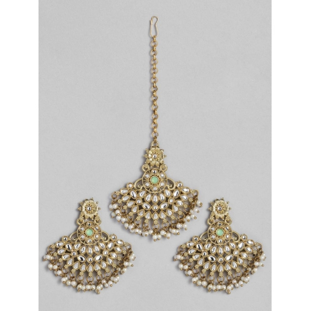 Women's Rose Gold Plated Alloy Kundan Earrings & Mangtikka (White)