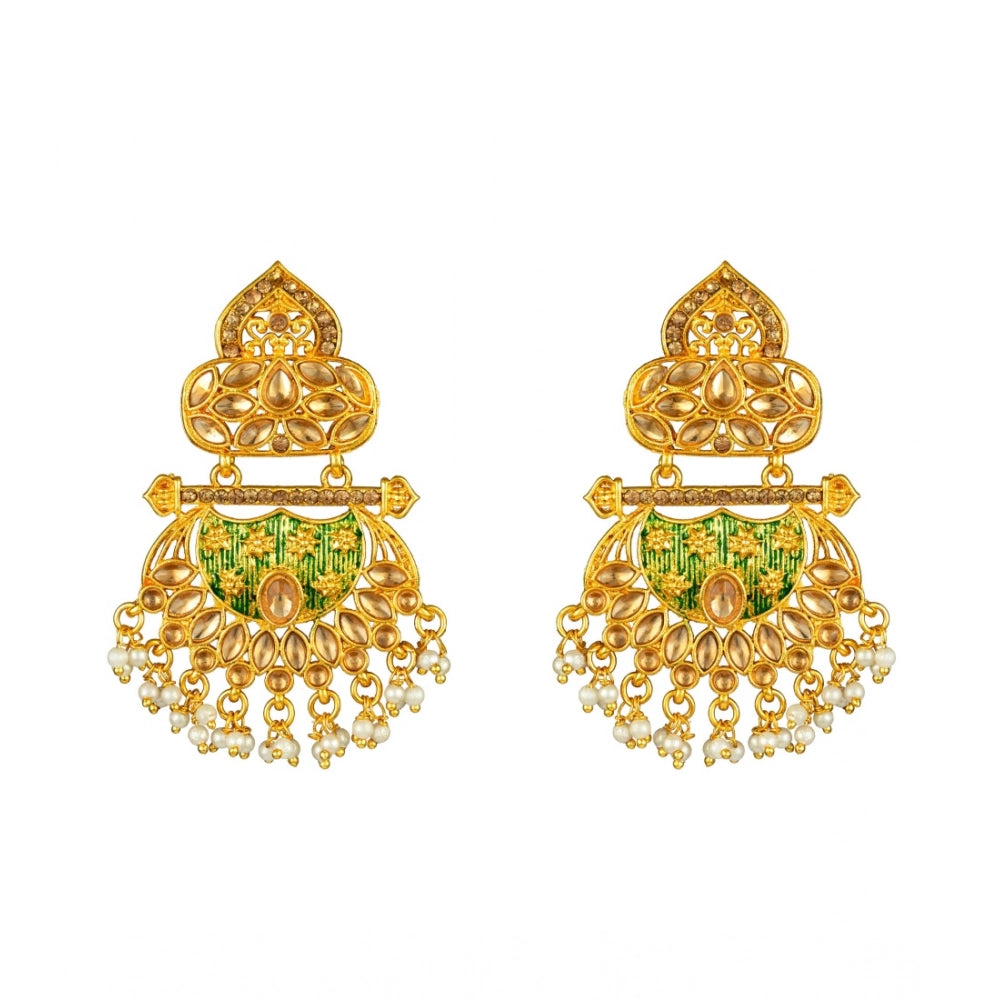 Women's Rose Gold Plated Alloy Kundan Earrings & Mangtikka (Green)