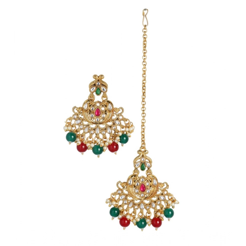 Women's Rose Gold Plated Alloy Kundan Earrings & Mangtikka (Red & Green)