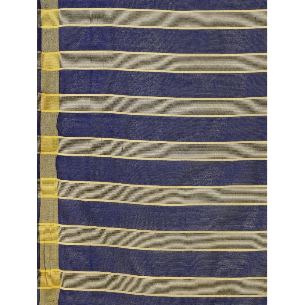 Women's Cotton Silk Striped Saree With Unstitched Blouse 5.5Mtr (Dark Blue)