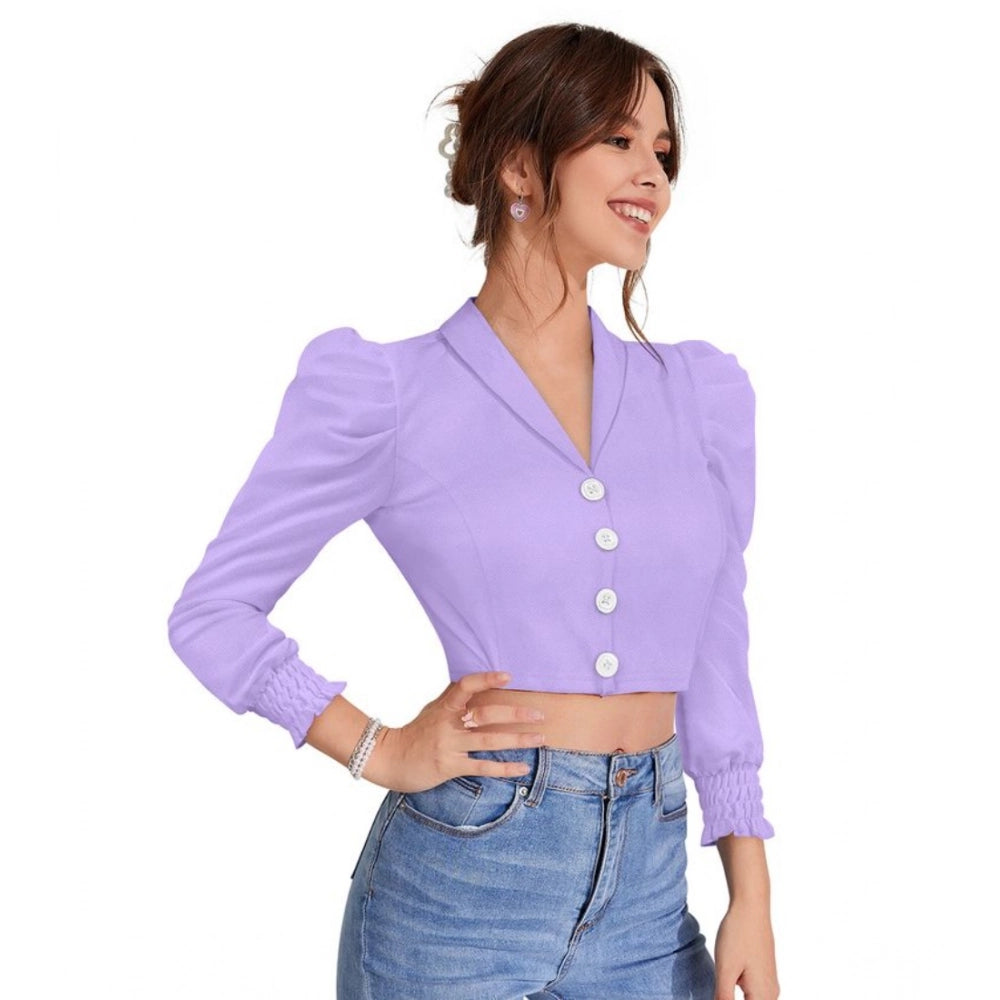 Generic Women's Polyester Solid Puff Sleeves Lapel Collar Top (Purple)