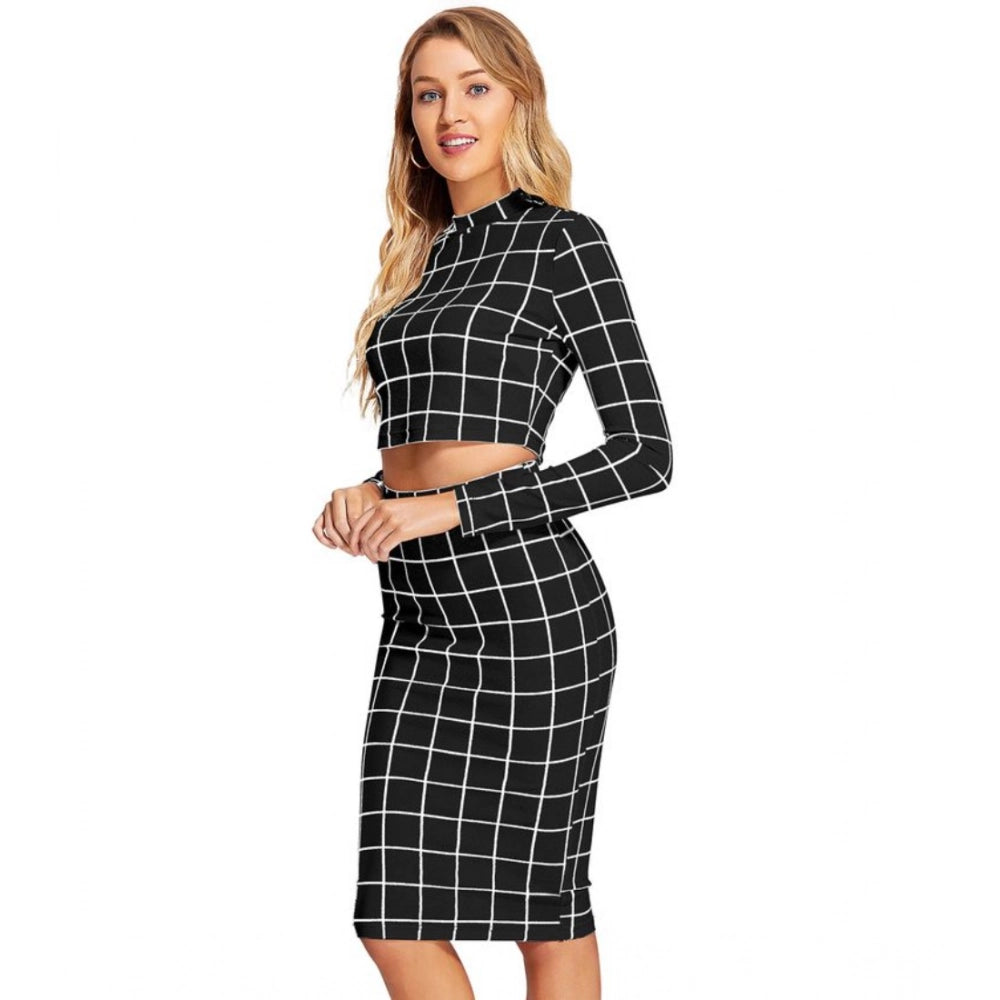 Generic Women's Polyester Checkered Full Sleeves Stand Collar Crop Top Skirt Set (Black)