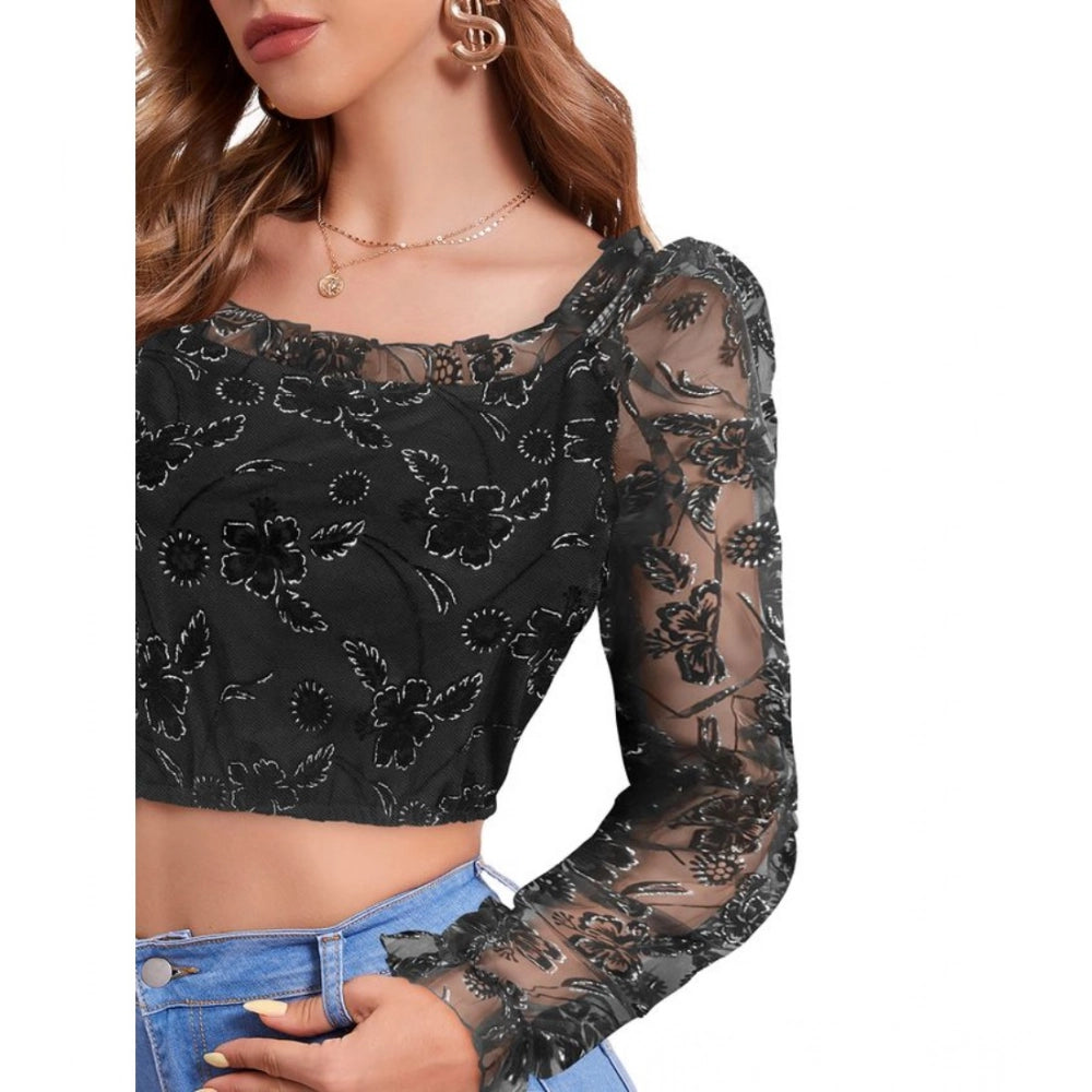 Generic Women's Polyester Solid Full Sleeves Square Collar Top (Black)
