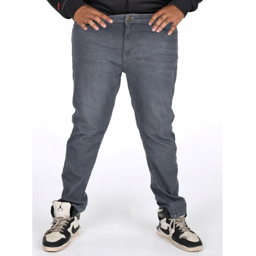 Generic Men's Cotton Blended Solid Plus Size Jeans (Grey)