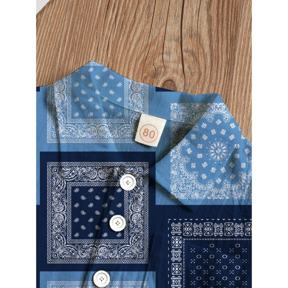 Generic Boy's Twill Cotton Printed Short Sleeve Shirt And Shorts Set (Blue)