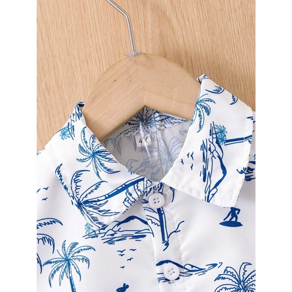 Generic Boy's Twill Cotton Printed Short Sleeve Shirt And Shorts Set (Blue)