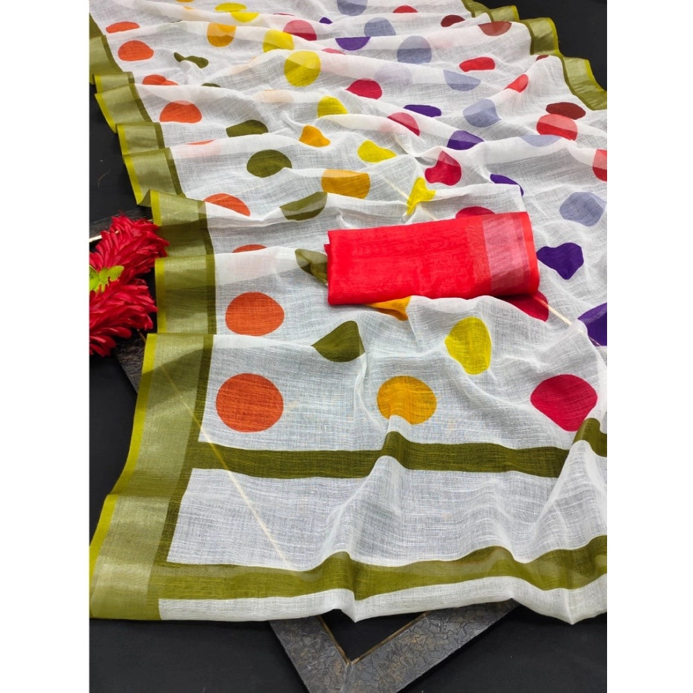 Women's Cotton Linen Printed Saree With Unstitched Blouse 5.5Mtr (Multicolor)