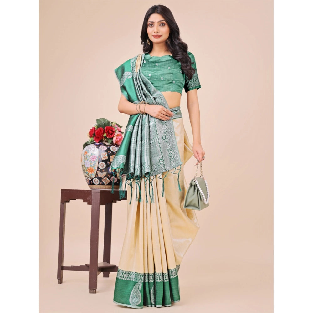 Women's Lichi Silk Printed Saree With Unstitched Blouse 5.5Mtr (Cream)