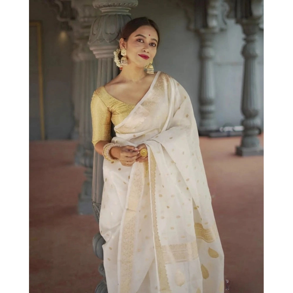 Women's Cotton Printed Saree With Unstitched Blouse 5.5Mtr (White)