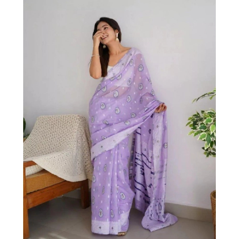 Women's Cotton Printed Saree With Unstitched Blouse 5.5Mtr (Lavender)