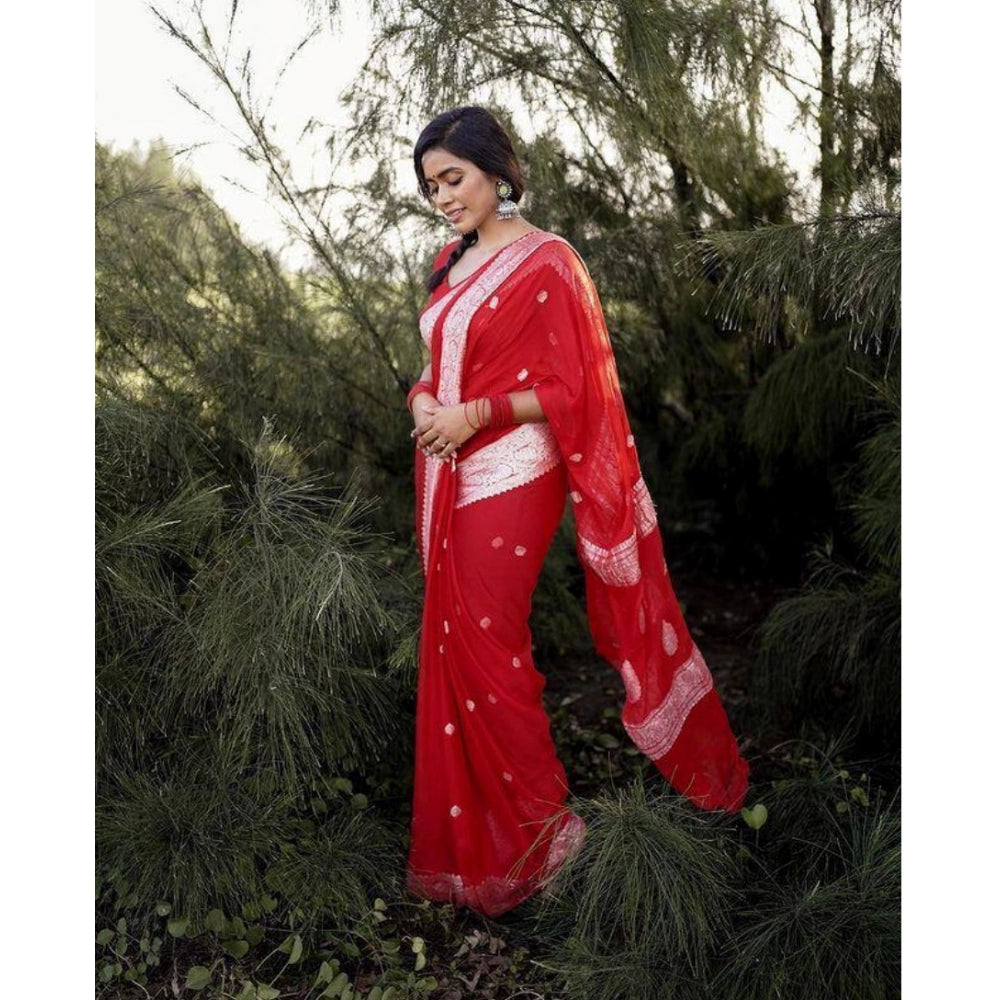 Women's Cotton Printed Saree With Unstitched Blouse 5.5Mtr (Red)