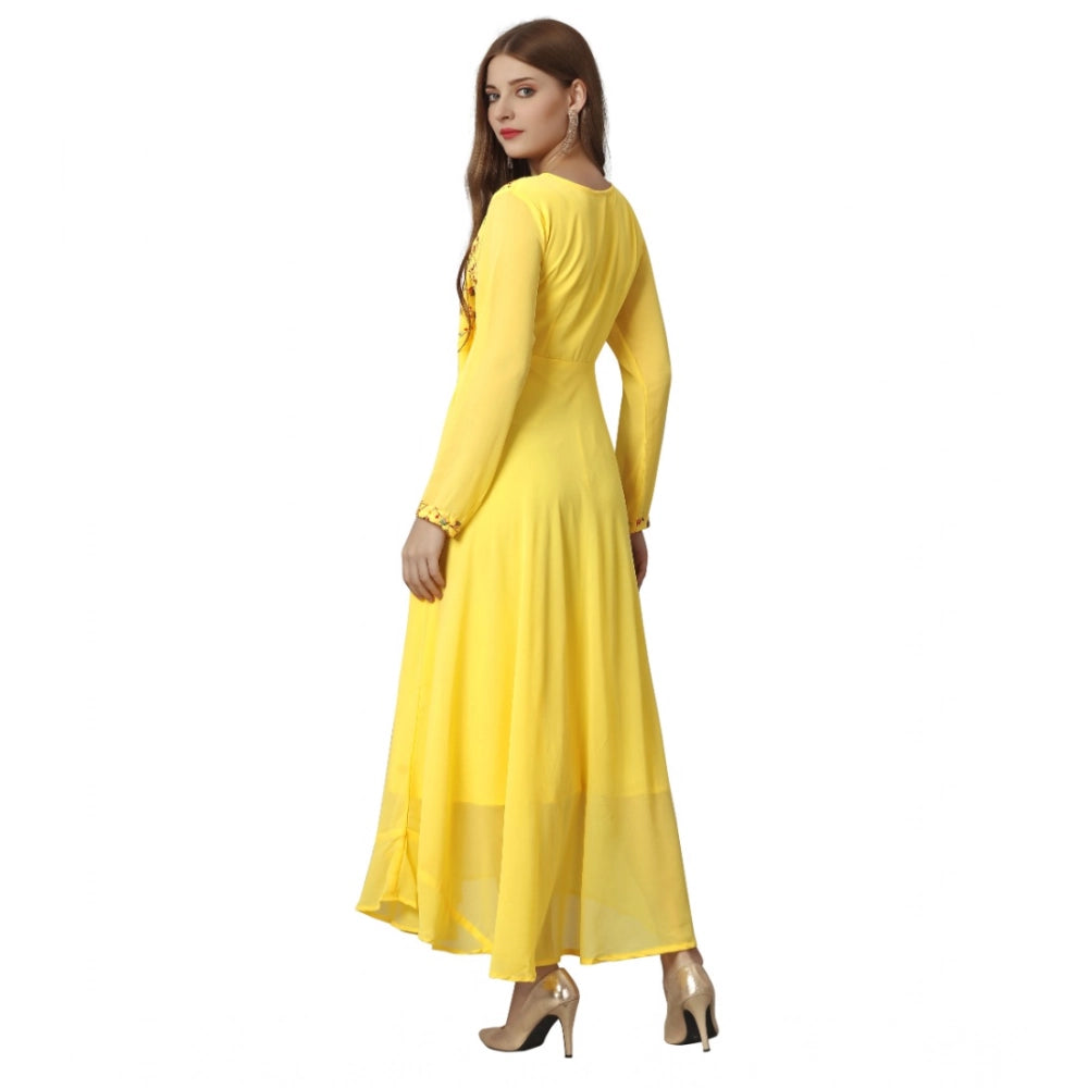 Generic Women's Georgette Embroidered Full Sleeve Round Neck Gown (Yellow )