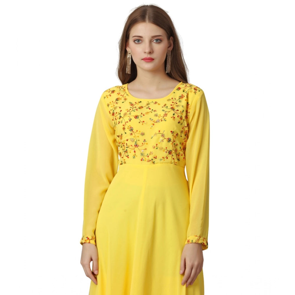 Generic Women's Georgette Embroidered Full Sleeve Round Neck Gown (Yellow )