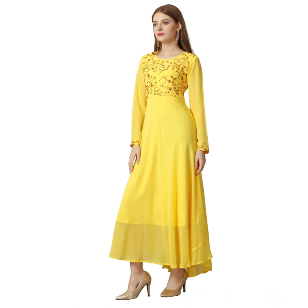 Generic Women's Georgette Embroidered Full Sleeve Round Neck Gown (Yellow )