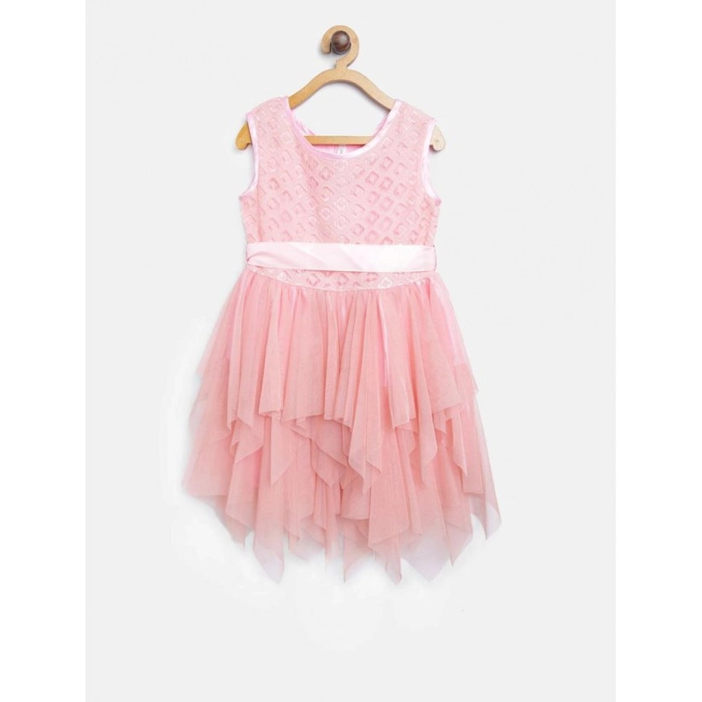 Generic Girl's Polyester Net Embroidered Sleeveless Round Neck Dress (Peach)