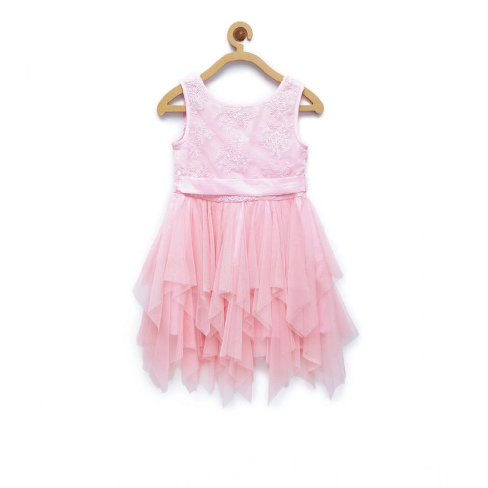 Generic Girl's Polyester Net Floral Printed Sleeveless Round Neck Dress (Light Pink)