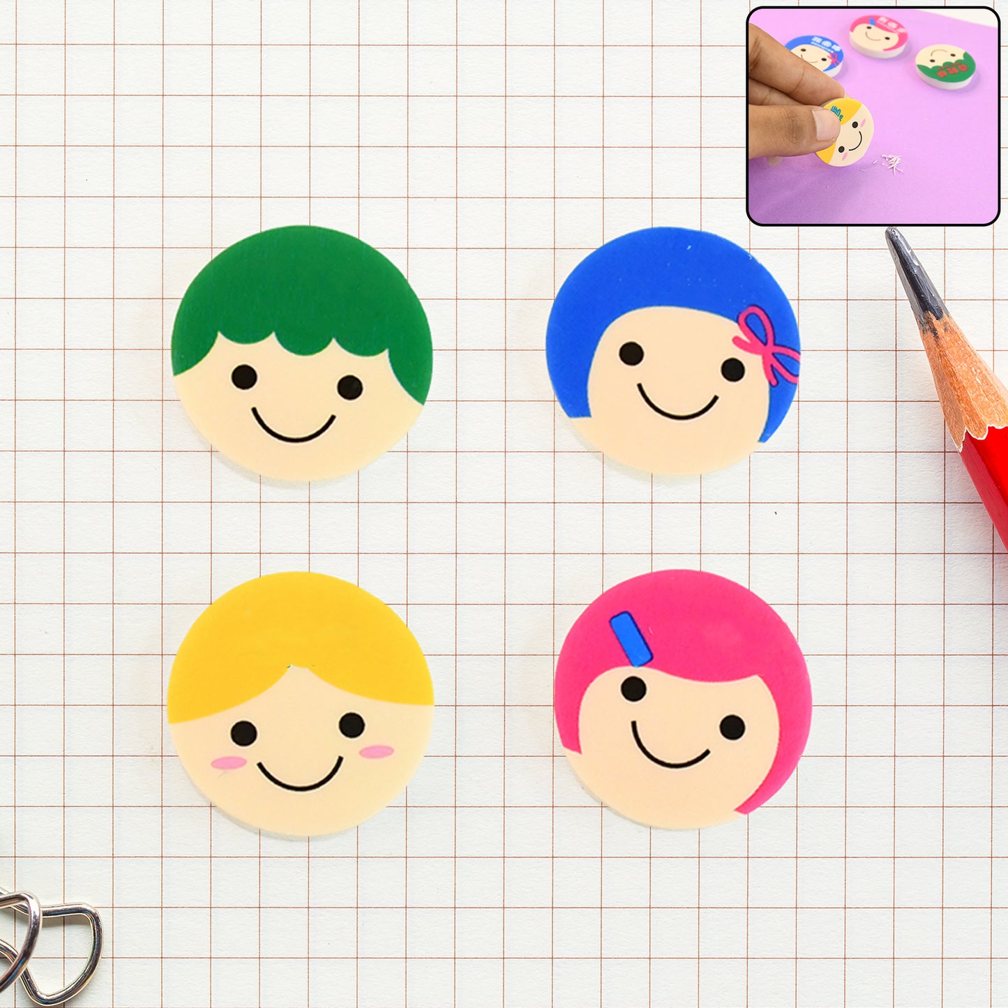 Cute Cartoon Face Erasers For School Stationery Use (4 Pc)