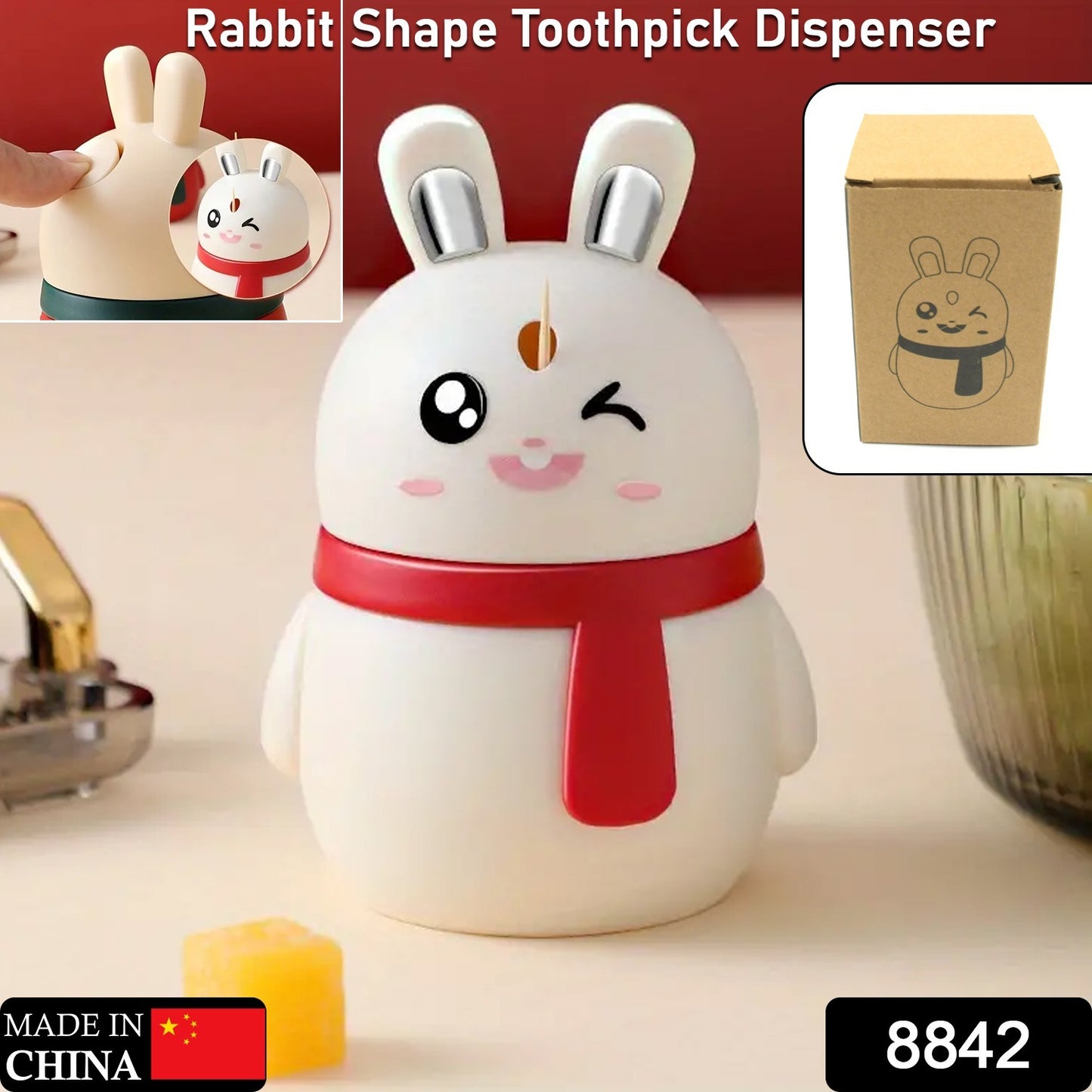8842 Rabbit Shape Toothpick Dispenser Pressing Small Size Accessory Durable Red Home Garden Kitchen Dining Bar Kitchen Storage Organization Racks Holders Dining Room Table Decoration (1 Pc )
