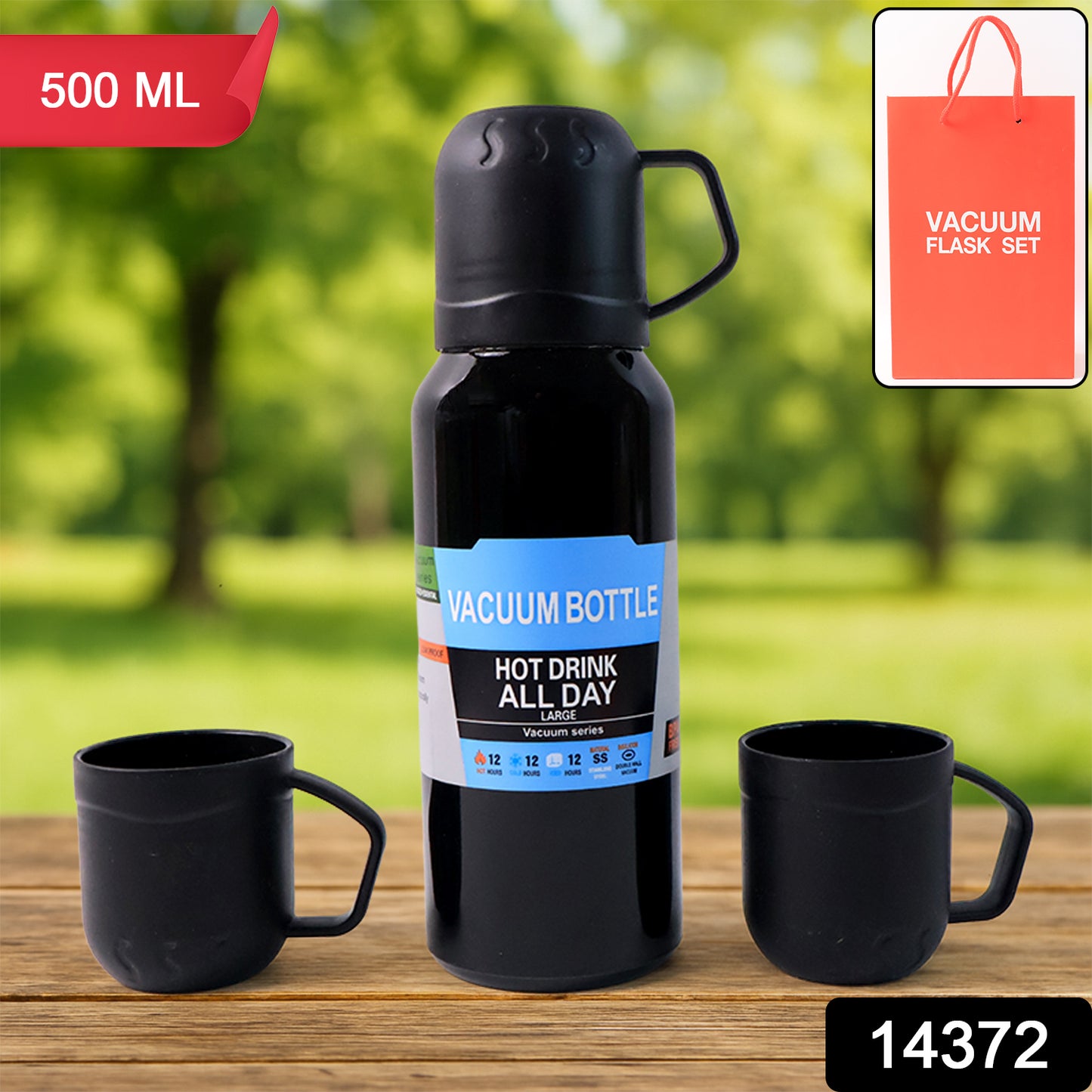 Black Vacuum Flask Set Stainless Steel Thermos With 3 Cups Approx 500ml