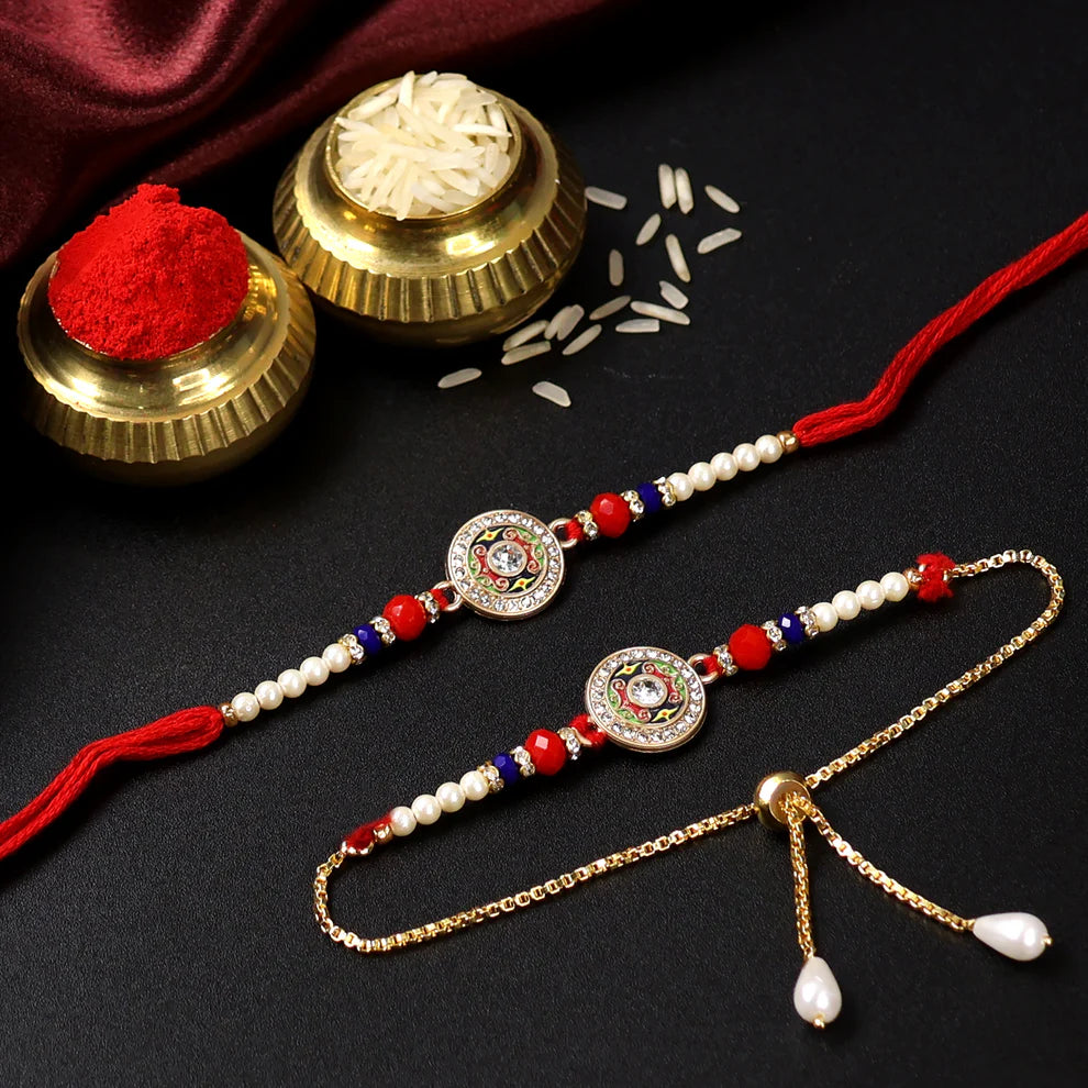 65479 Premium Rakhi Bracelet Combo Traditional Kundan Work Rakhi With Pearls And Elegant Golden Bracelet For Bhaiya Bhabhi Set (3 Pcs)