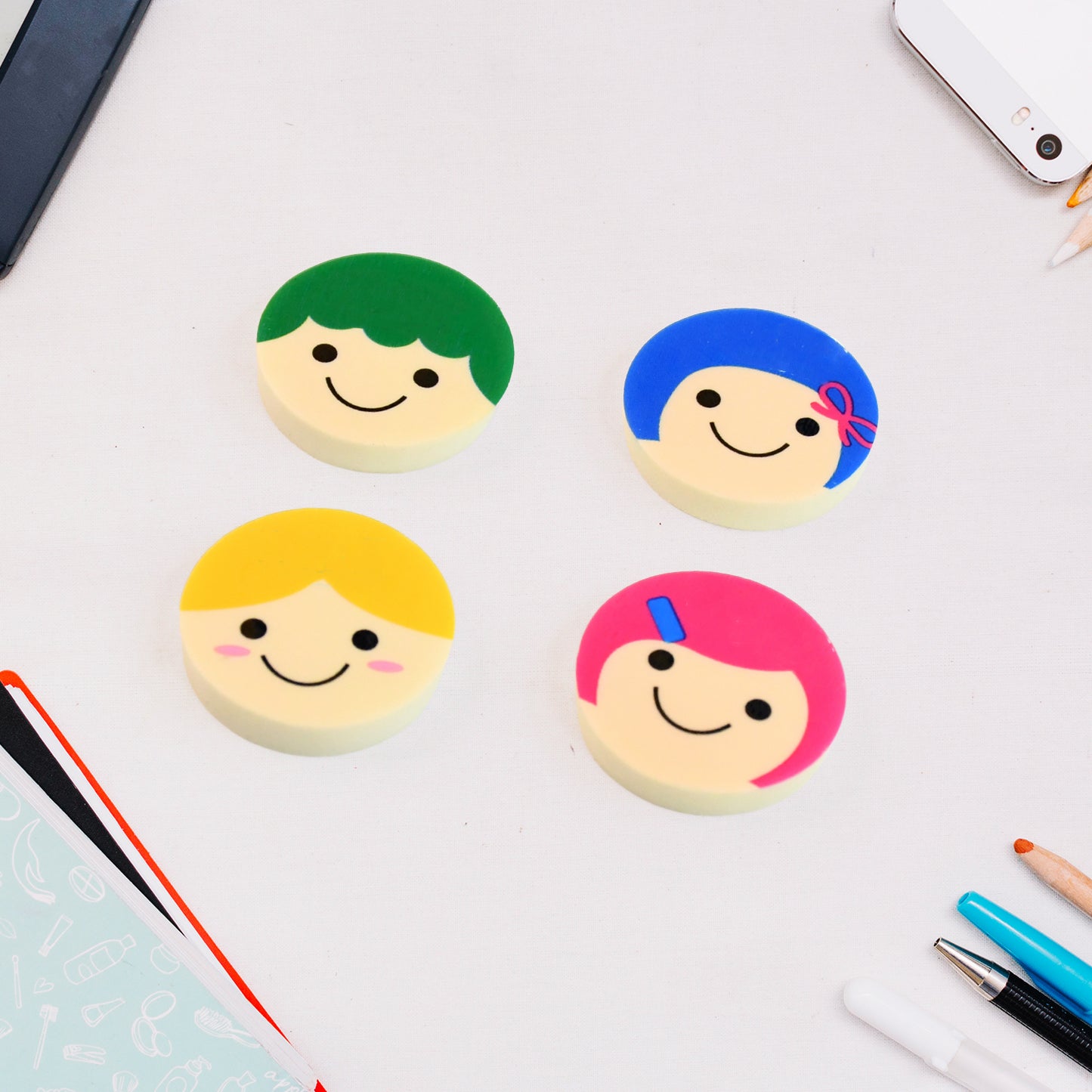 Cute Cartoon Face Erasers For School Stationery Use (4 Pc)