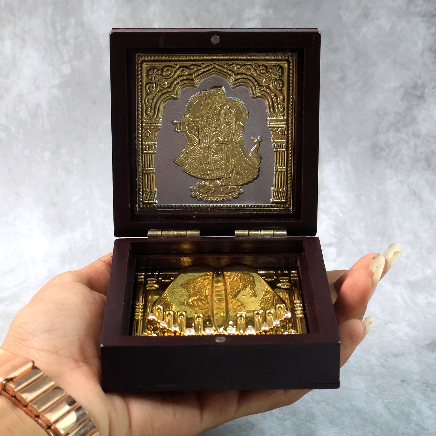 Golden Charan Paduka In Wooden Box Spiritual Gift Pooja Accessory