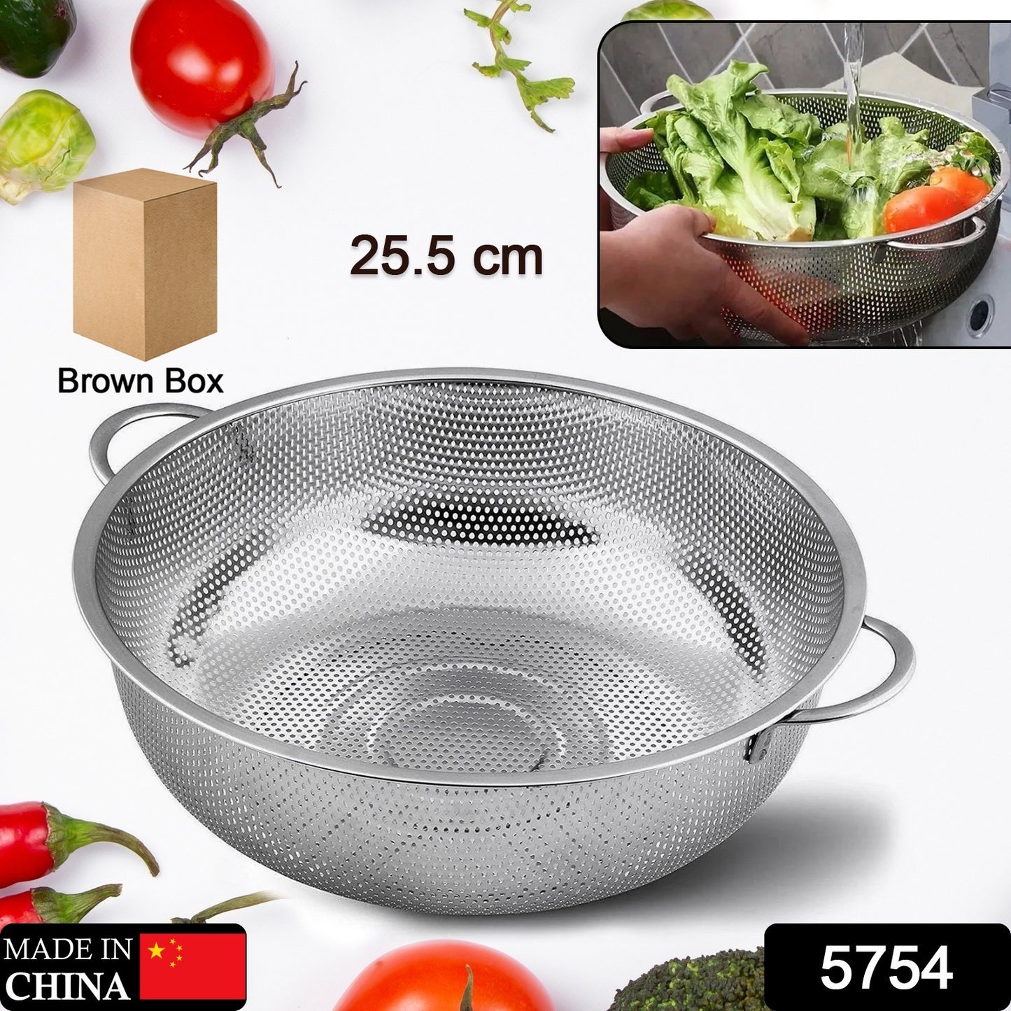 5754 Stainless Steel Colander With Handle Large Metal Mesh Basket Strainer For Pasta Spaghetti Berry Veggies Fruits Kitchen Food Colander Dishwasher Safe (1 Pc 25.5 Cm)