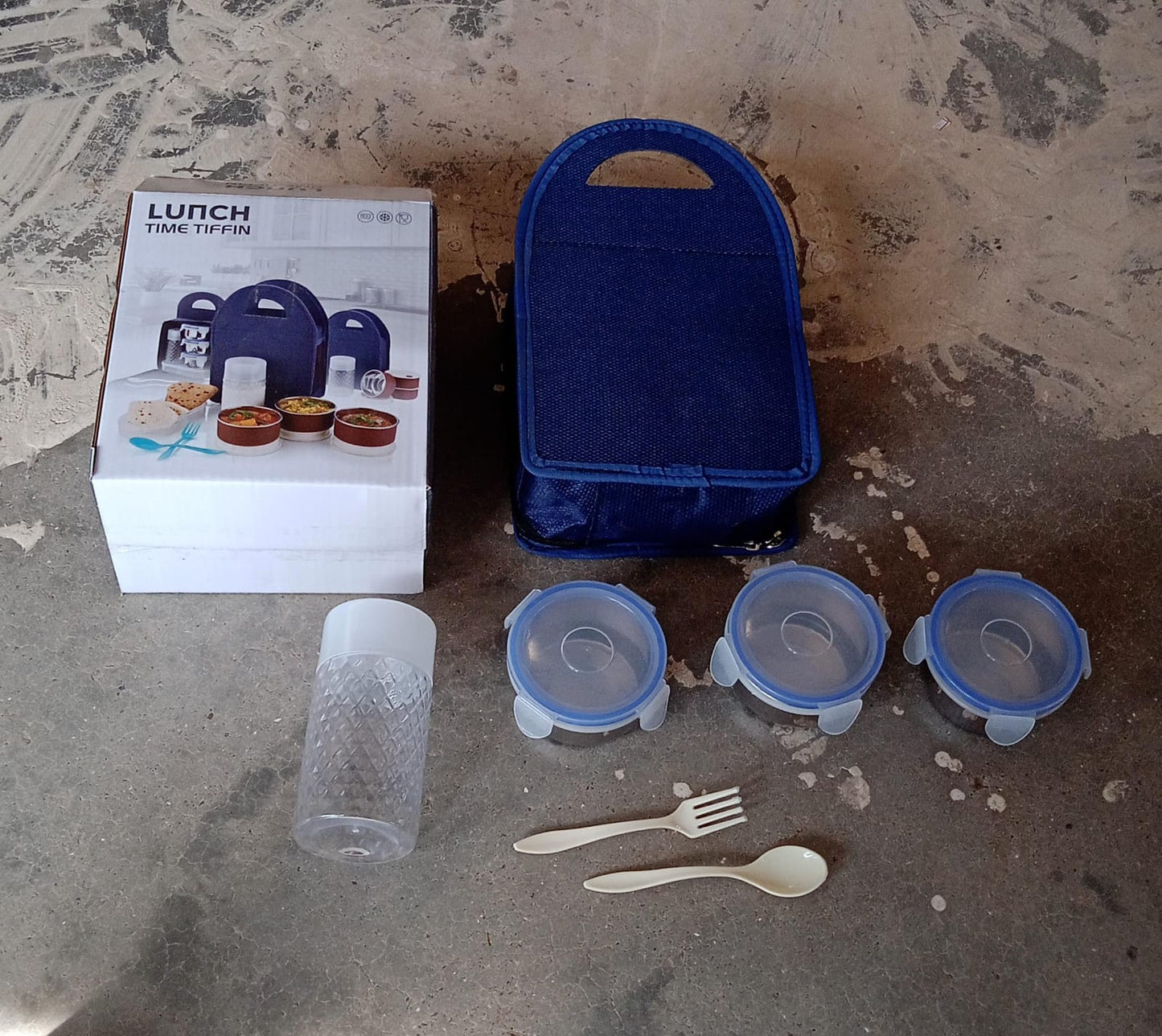 5773 6in1 Tiffin Box-lunch Box 3 Stainless Steel Containers Plastic Lid Box Spoon Fork Plastic Bottle Insulated Fabric Bag Leak Proof Microwave Safe For Office College And School For Men Women (6 Pcs)