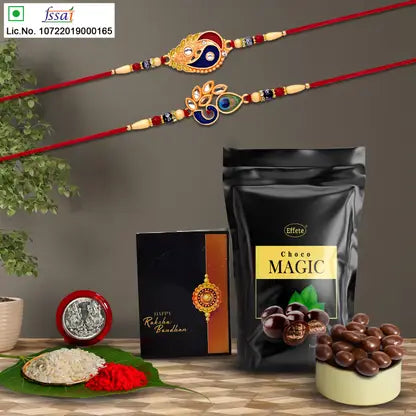 Rakhi Gift Set With 2 Designer Rakhis For Brother Includes Choco Magic Pack Silver Coin Roli Chawal Greeting Card