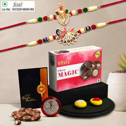 Rakhi Gift Combo With 2 Premium Rakhis For Brother Includes Choco Magic Box Silver Coin Roli Chawal Greeting Card