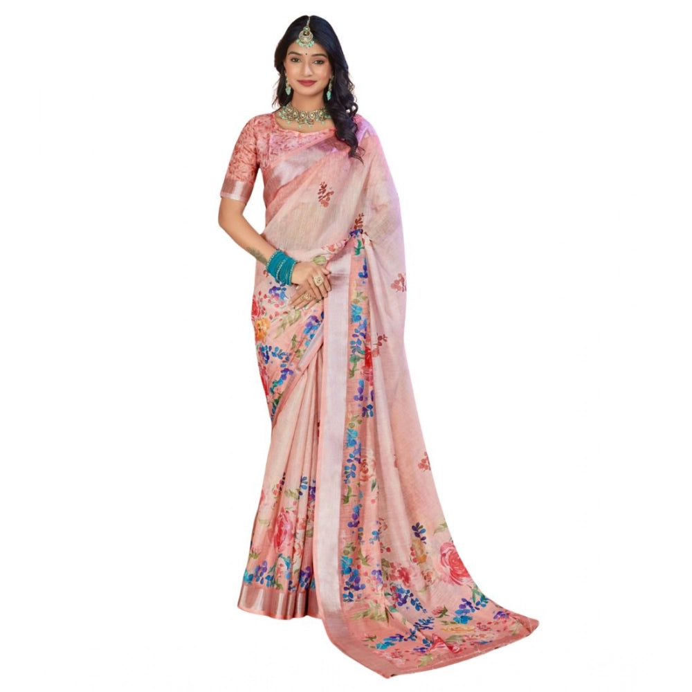 Generic Women's Printed Cotton Linen Saree withPrinted Saree With Unstitched Blouse (Pink , 5-6Mtrs)
