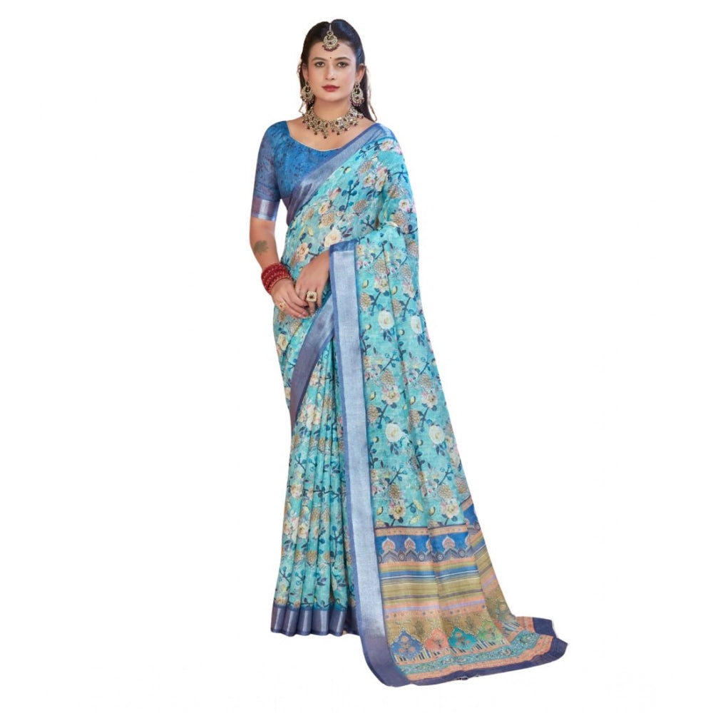 Generic Women's Printed Cotton Linen Saree withPrinted Saree With Unstitched Blouse (Light Blue, 5-6Mtrs)