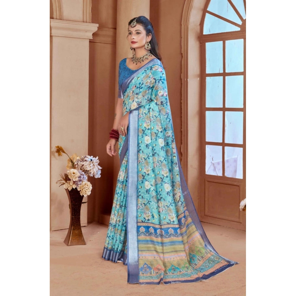 Generic Women's Printed Cotton Linen Saree withPrinted Saree With Unstitched Blouse (Light Blue, 5-6Mtrs)