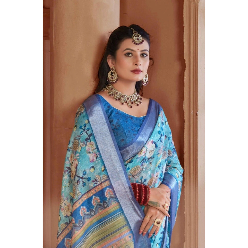 Generic Women's Printed Cotton Linen Saree withPrinted Saree With Unstitched Blouse (Light Blue, 5-6Mtrs)