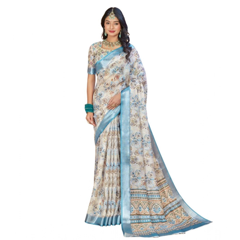 Generic Women's Printed Cotton Linen Saree withPrinted Saree With Unstitched Blouse (Beige , 5-6Mtrs)