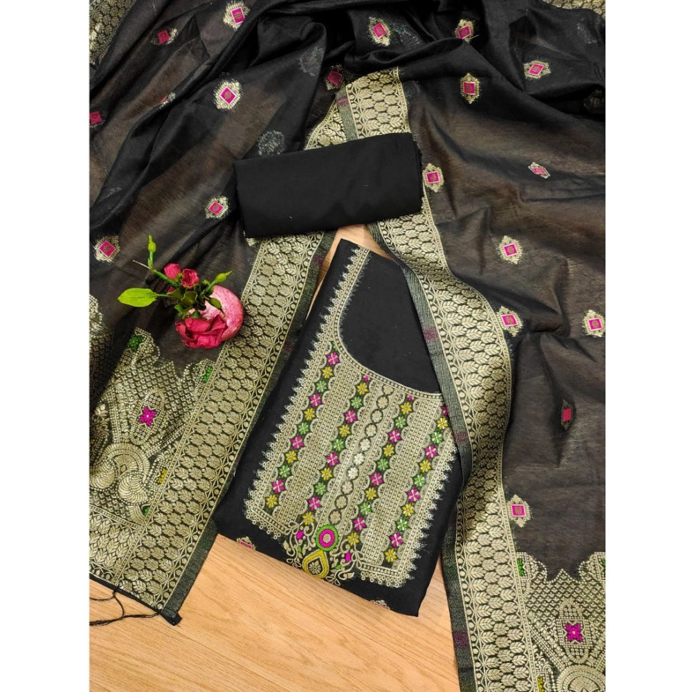 Women's Banarasi Silk Printed Unstitched Salwar Suit Material With Dupatta (Black, 3Mtrs)