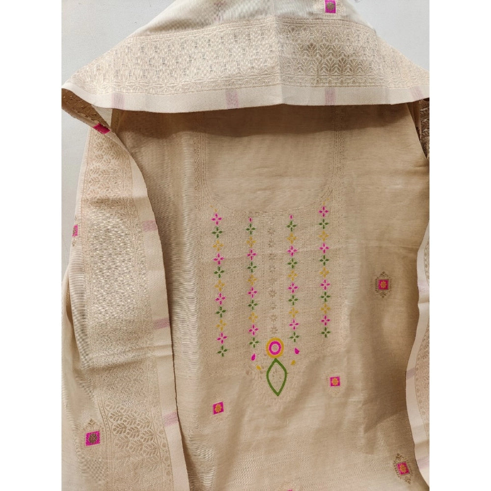 Women's Banarasi Silk Printed Unstitched Salwar Suit Material With Dupatta (Cream, 3Mtrs)