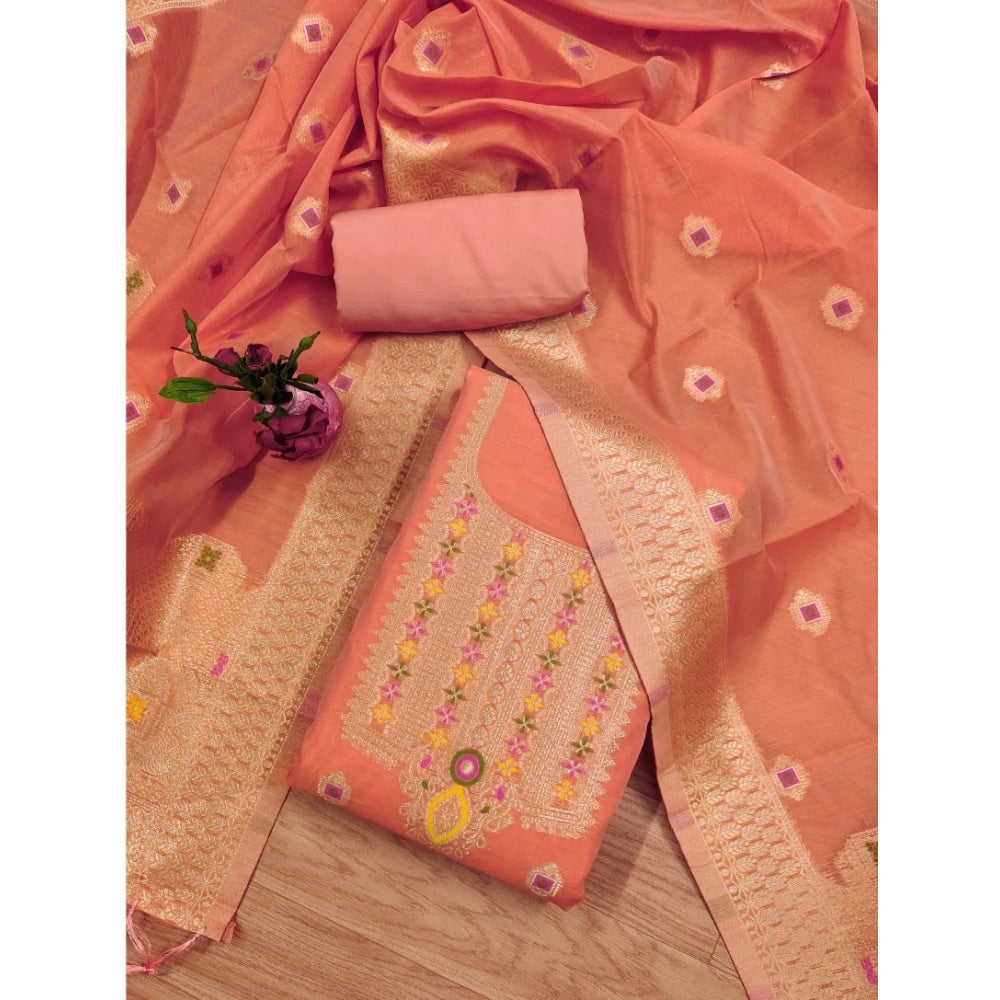 Women's Banarasi Silk Printed Unstitched Salwar Suit Material With Dupatta (Peach, 3Mtrs)
