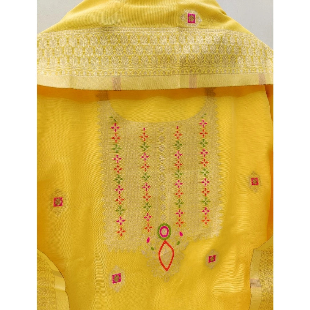 Women's Banarasi Silk Printed Unstitched Salwar Suit Material With Dupatta (Yellow, 3Mtrs)
